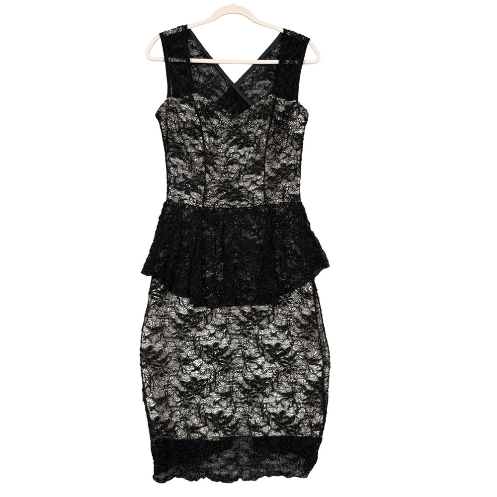 Elana Kattan Dress Womens Medium Black Floral Lace Peplum Sheath Cocktail Party